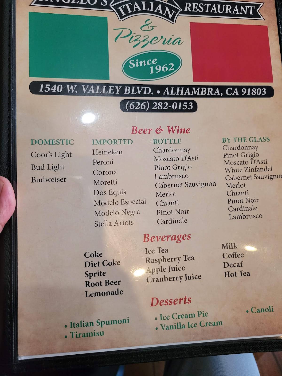 Menu at Angelo's Italian Restaurant & Pizzeria, Alhambra