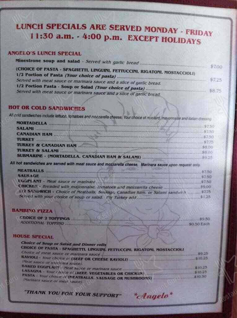 Menu at Angelo's Italian Restaurant & Pizzeria, Alhambra