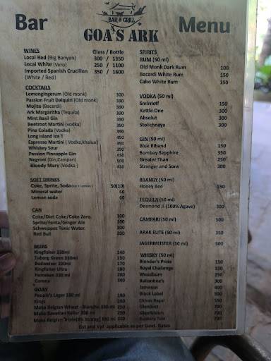 Goa's Ark Restaurant menu