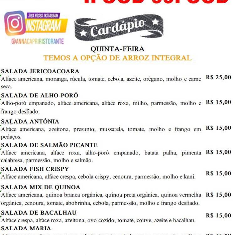 Anna Capri Restaurante cardápio