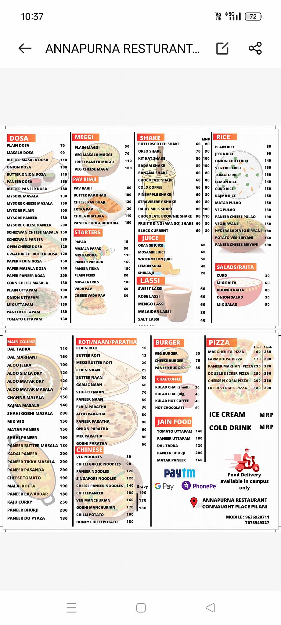 Annapurna Restaurant menu