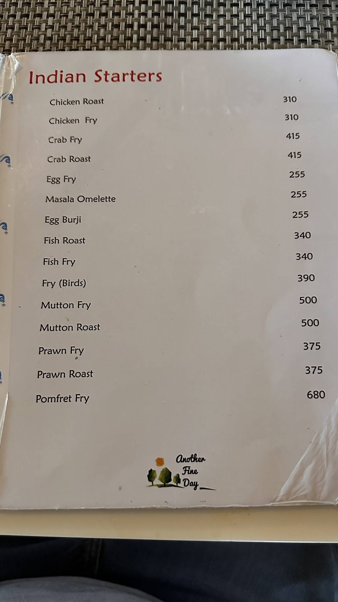 Another fine day menu