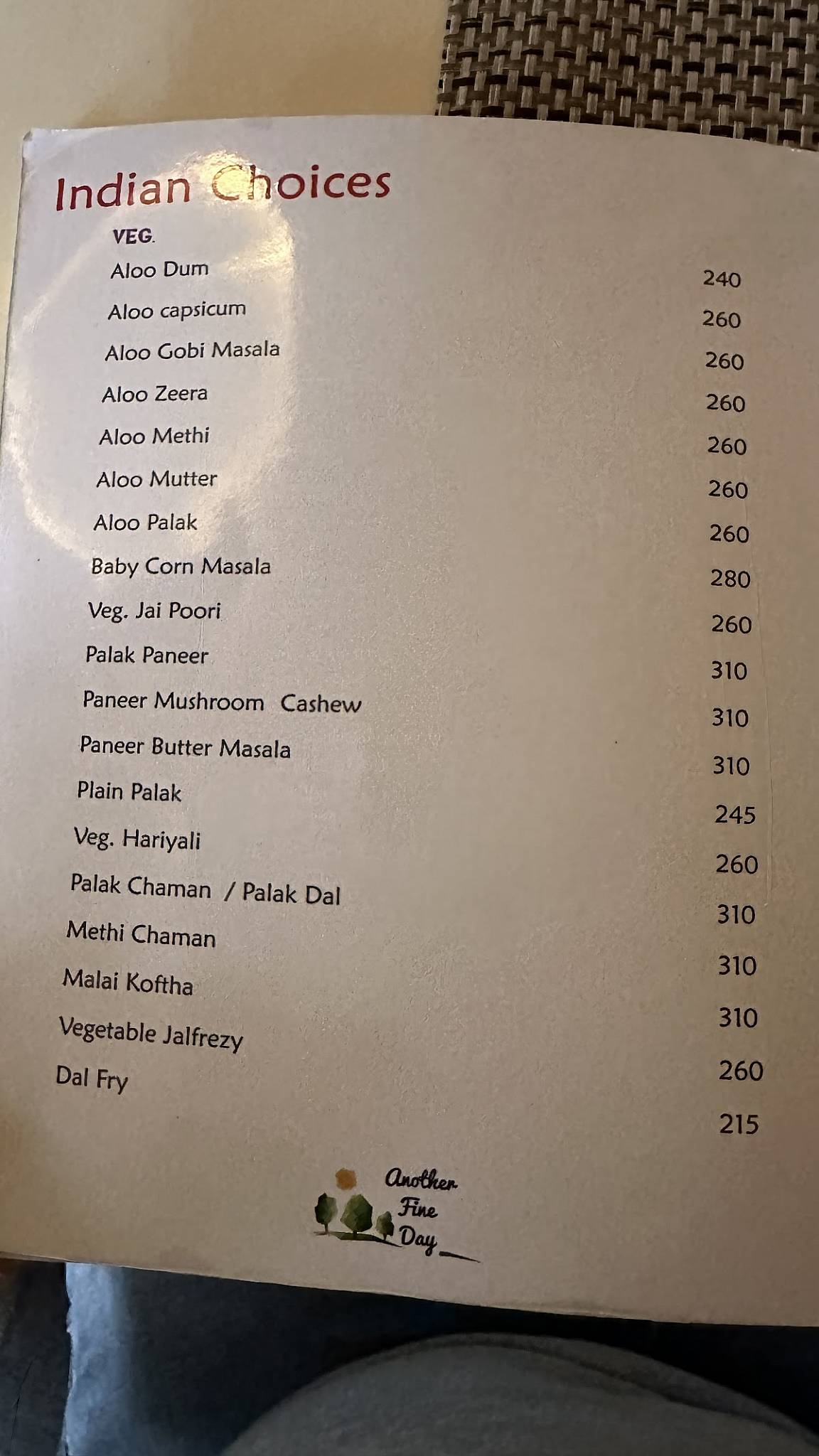 Another fine day menu