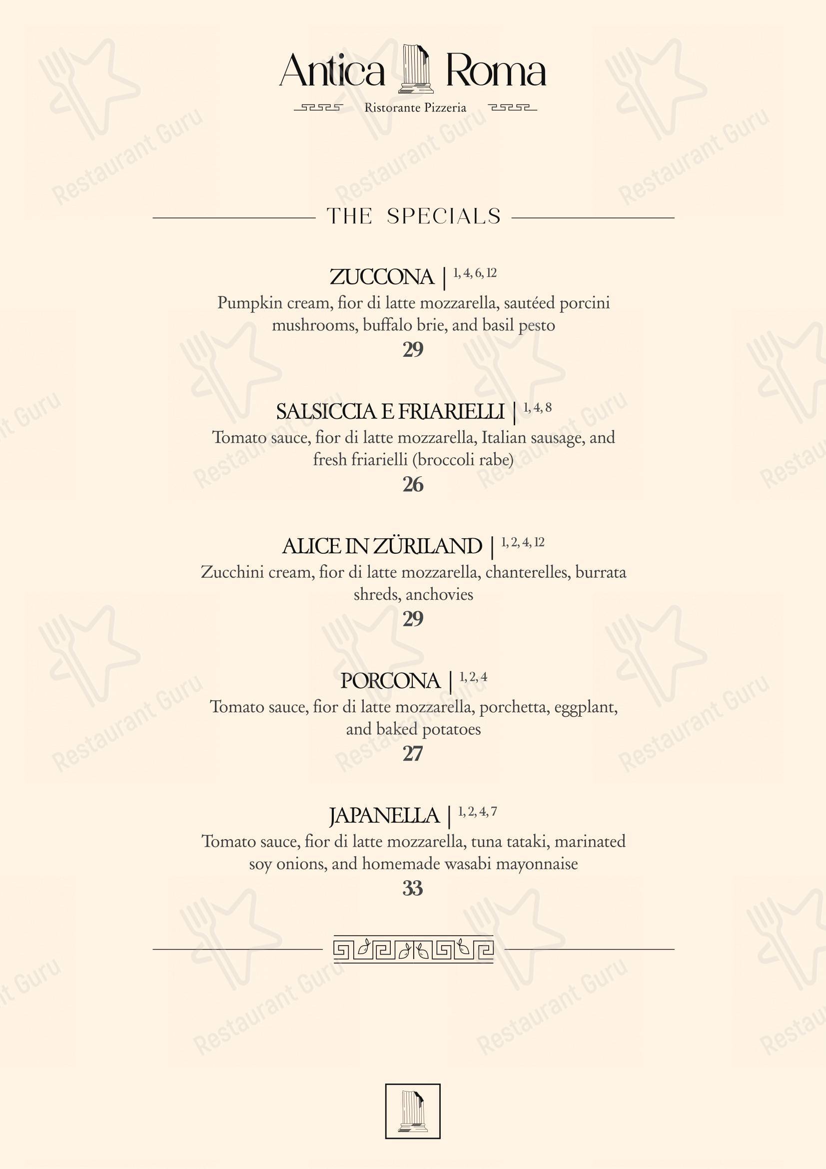 Menu per Antica Roma in Zurigo