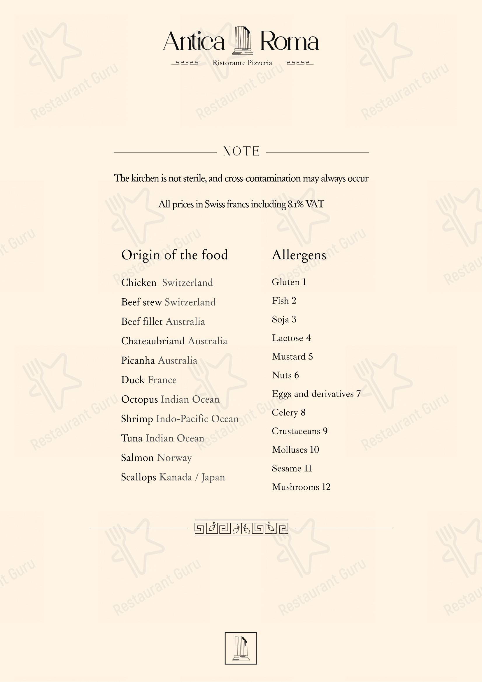 Antica Roma in Zurigo - Menu