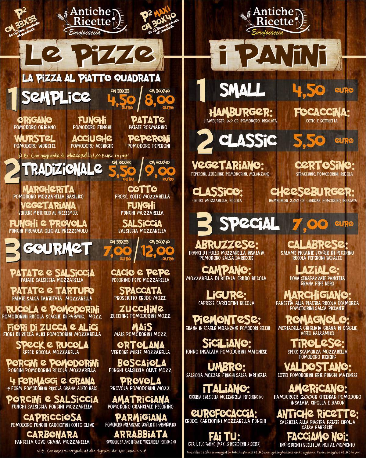 Menu de Antiche Ricette Eurofocaccia Rieti