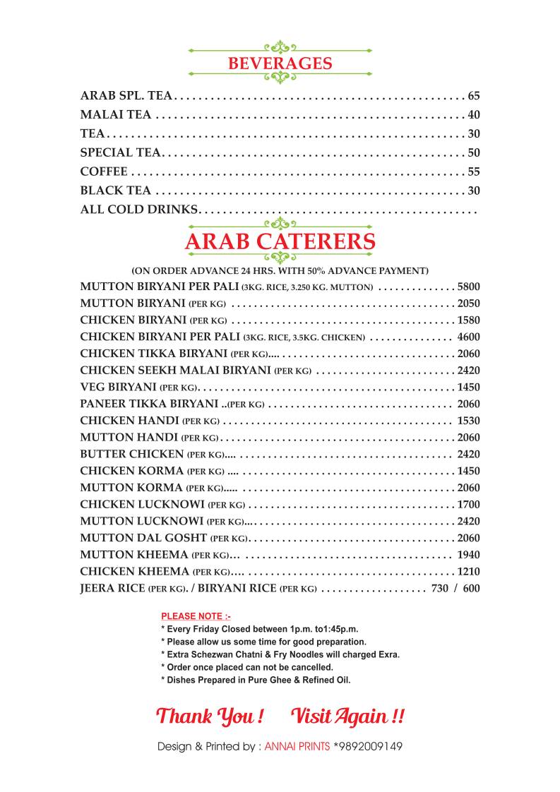 Arab Restaurant menu