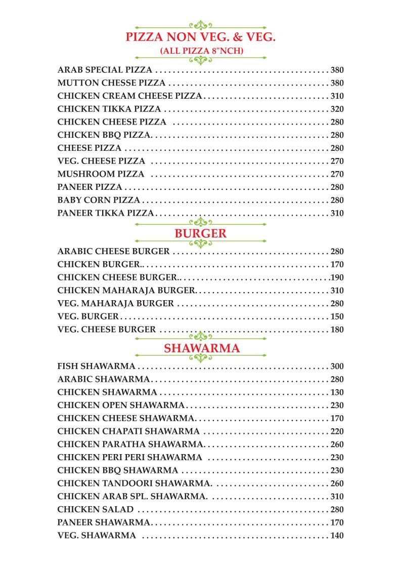 Arab Restaurant menu