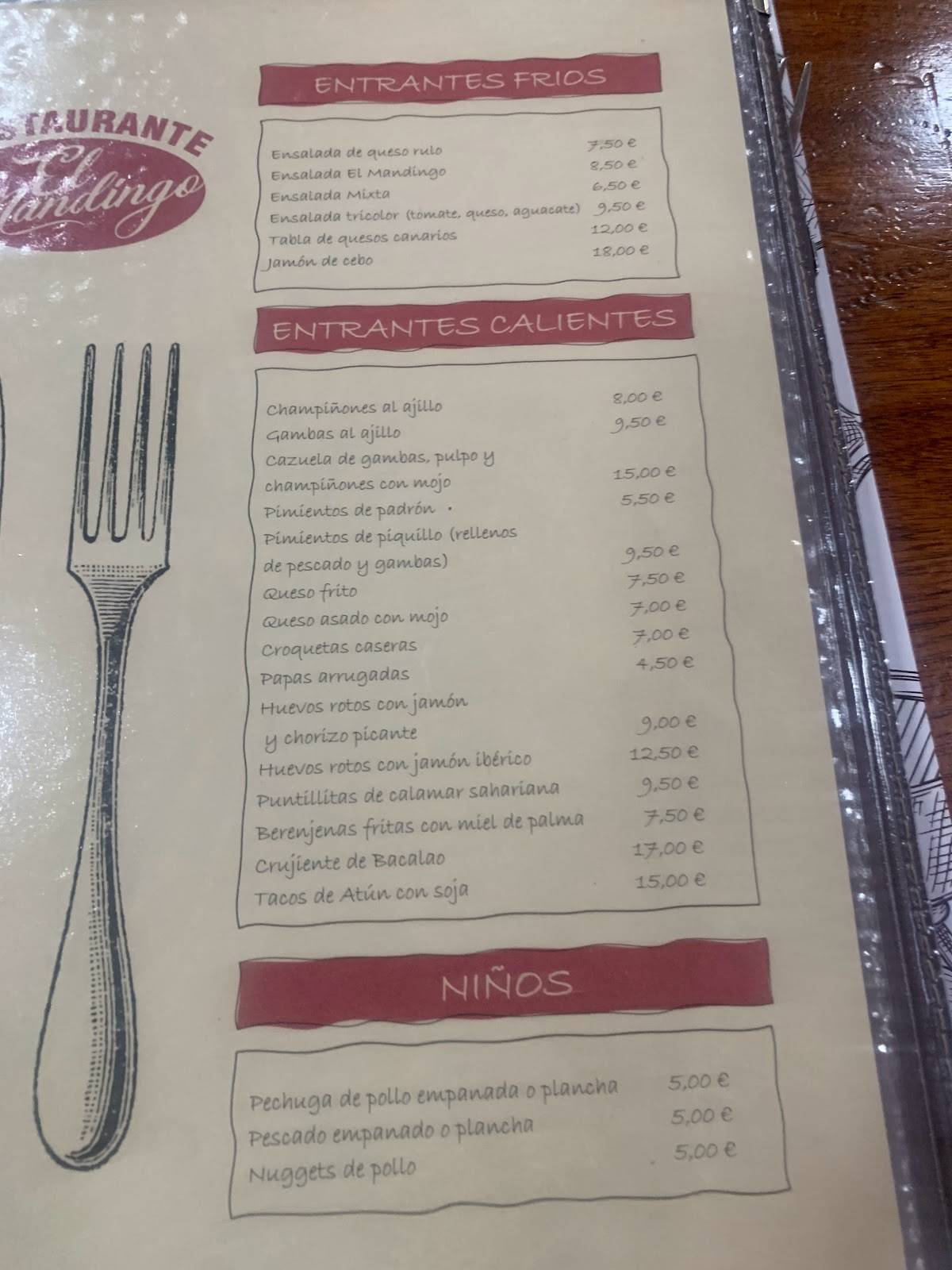 Carta de Restaurante El Mandingo, Arrecife