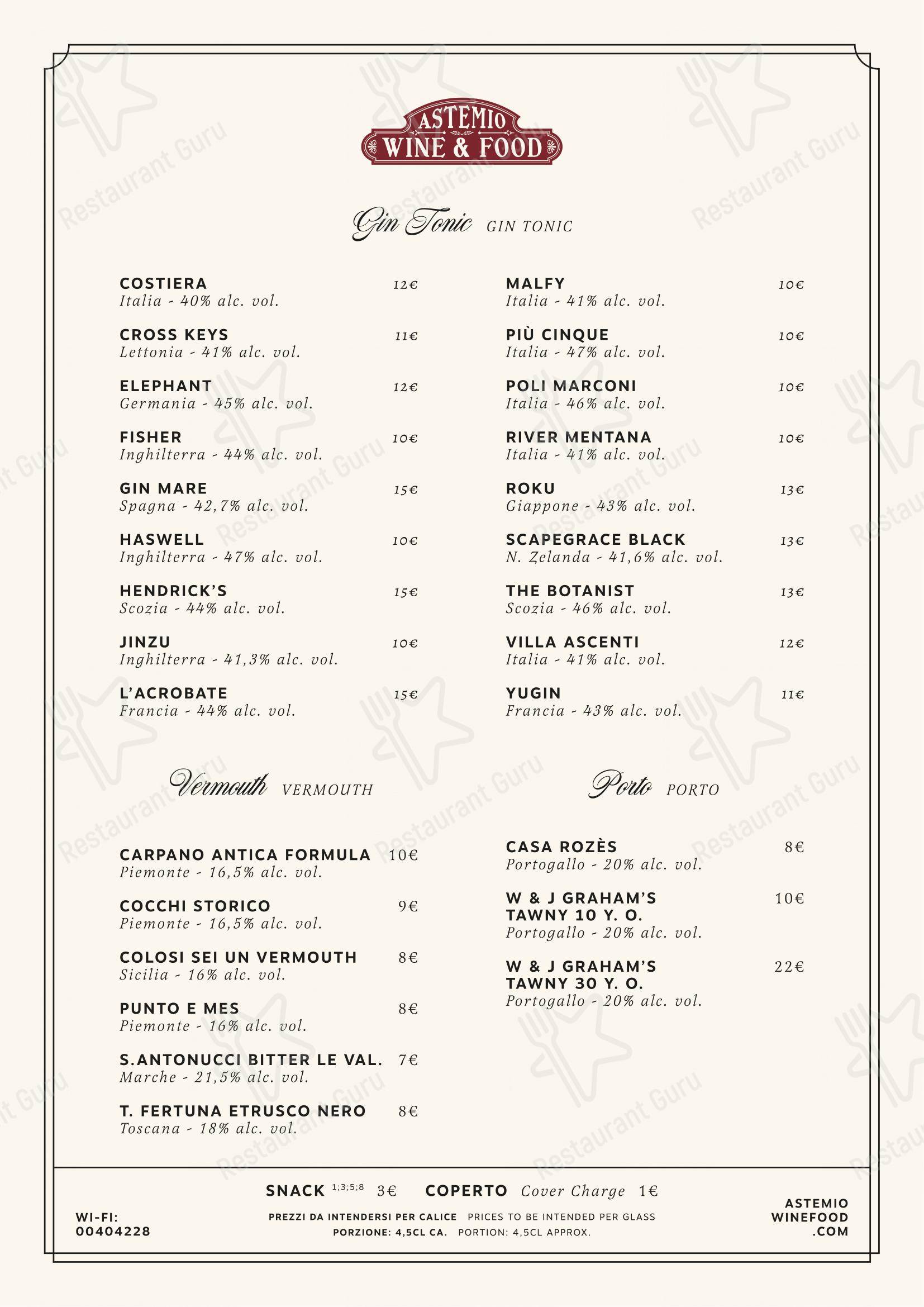 Menu bar per Astemio in Roma