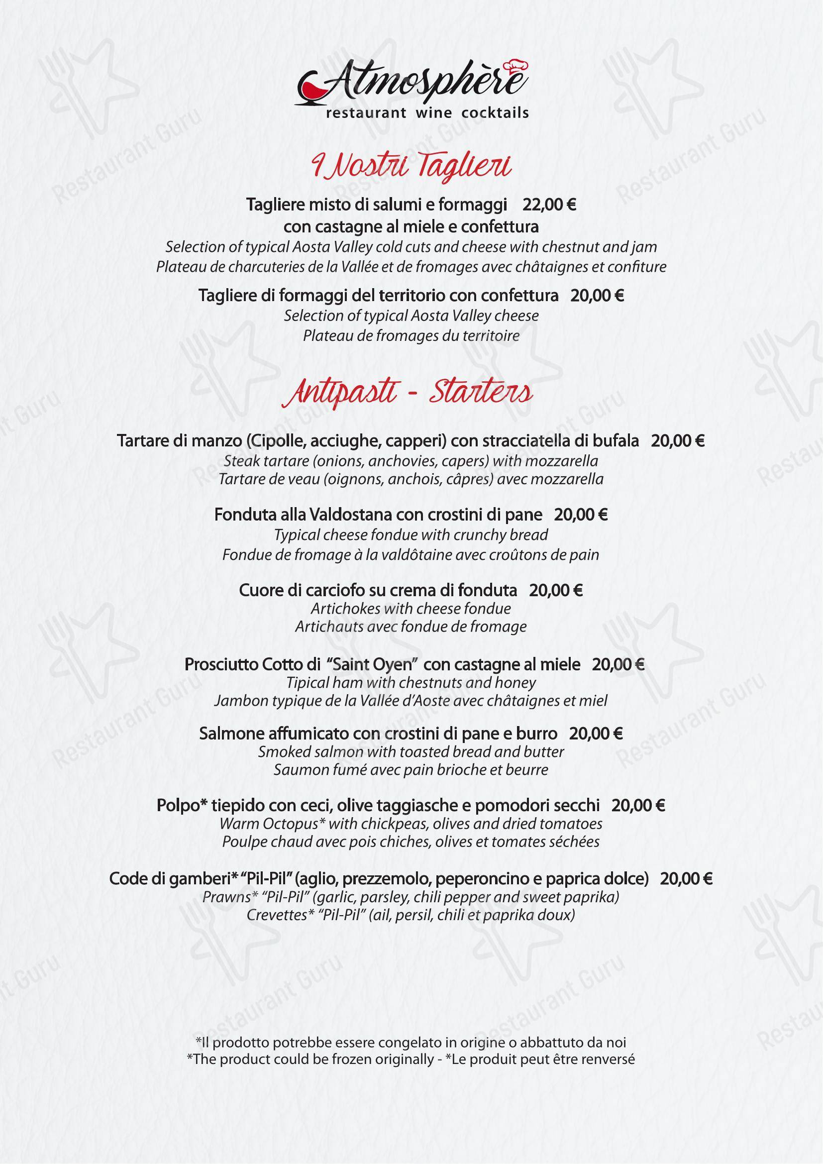 Menu per Atmosphère in Saint-Vincent