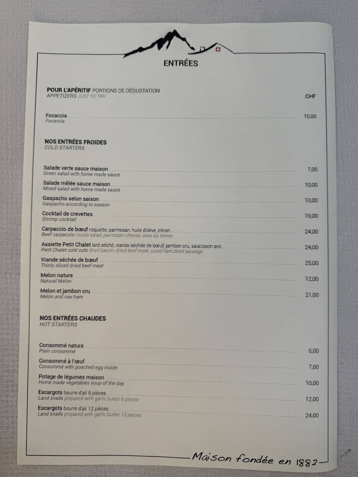 Menu di Au Petit Chalet - Restaurant in Geneva 