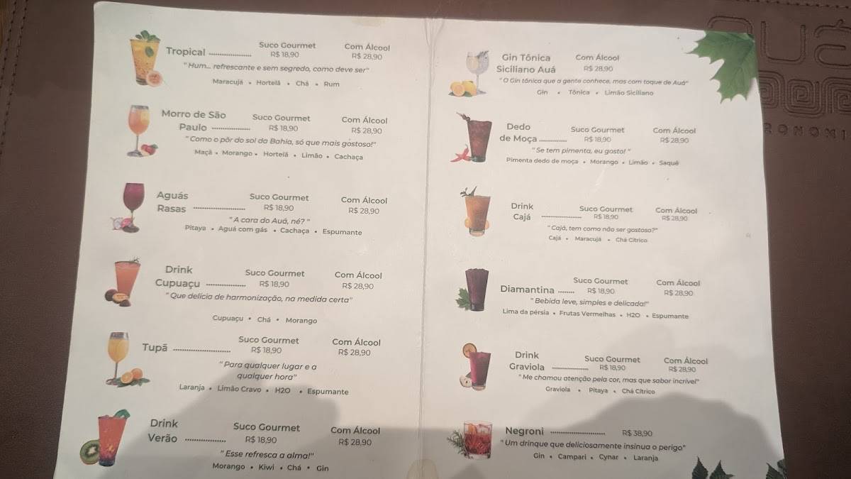 Auá Gastronomia Vale Sul Shopping cardápio