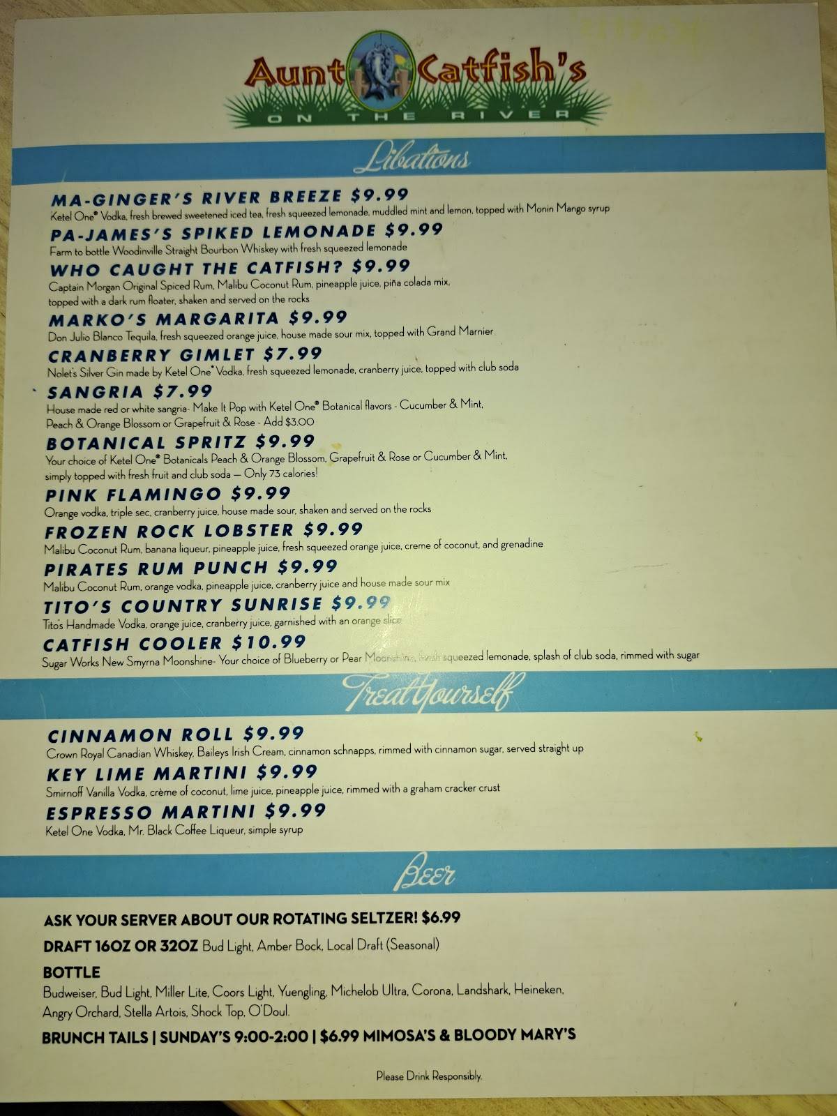 Menu at Aunt Catfish's On the River restaurant, Port Orange