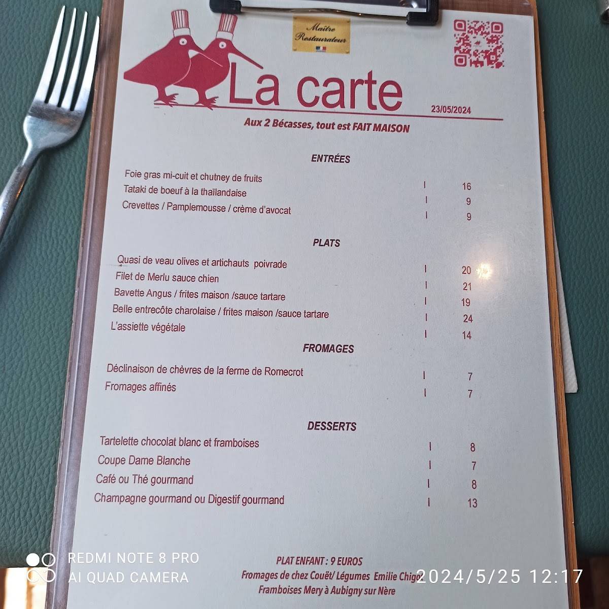Menu au Aux 2 bécasses restaurant, Cerdon