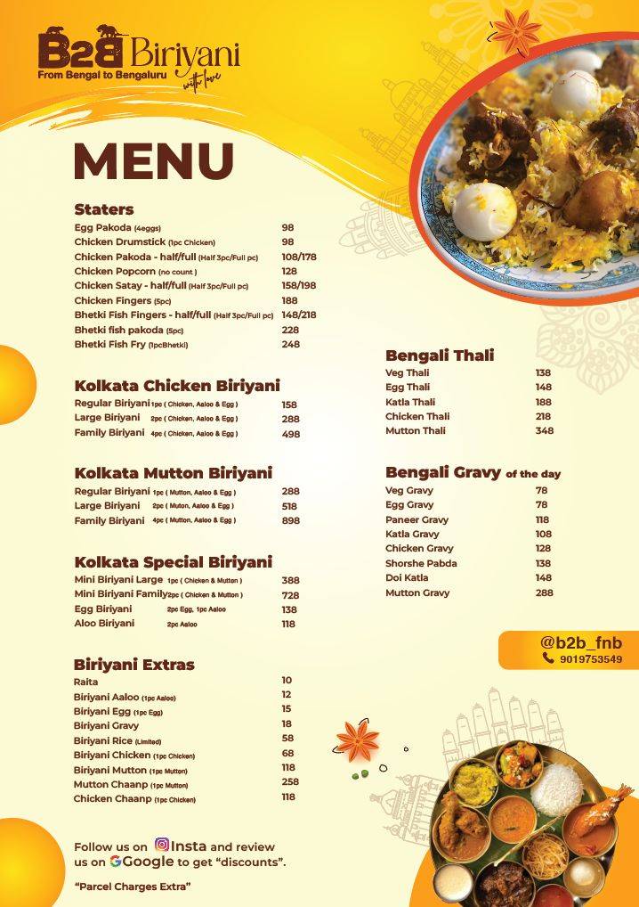B2B Biriyani, From Bengal to Bengaluru with love menu