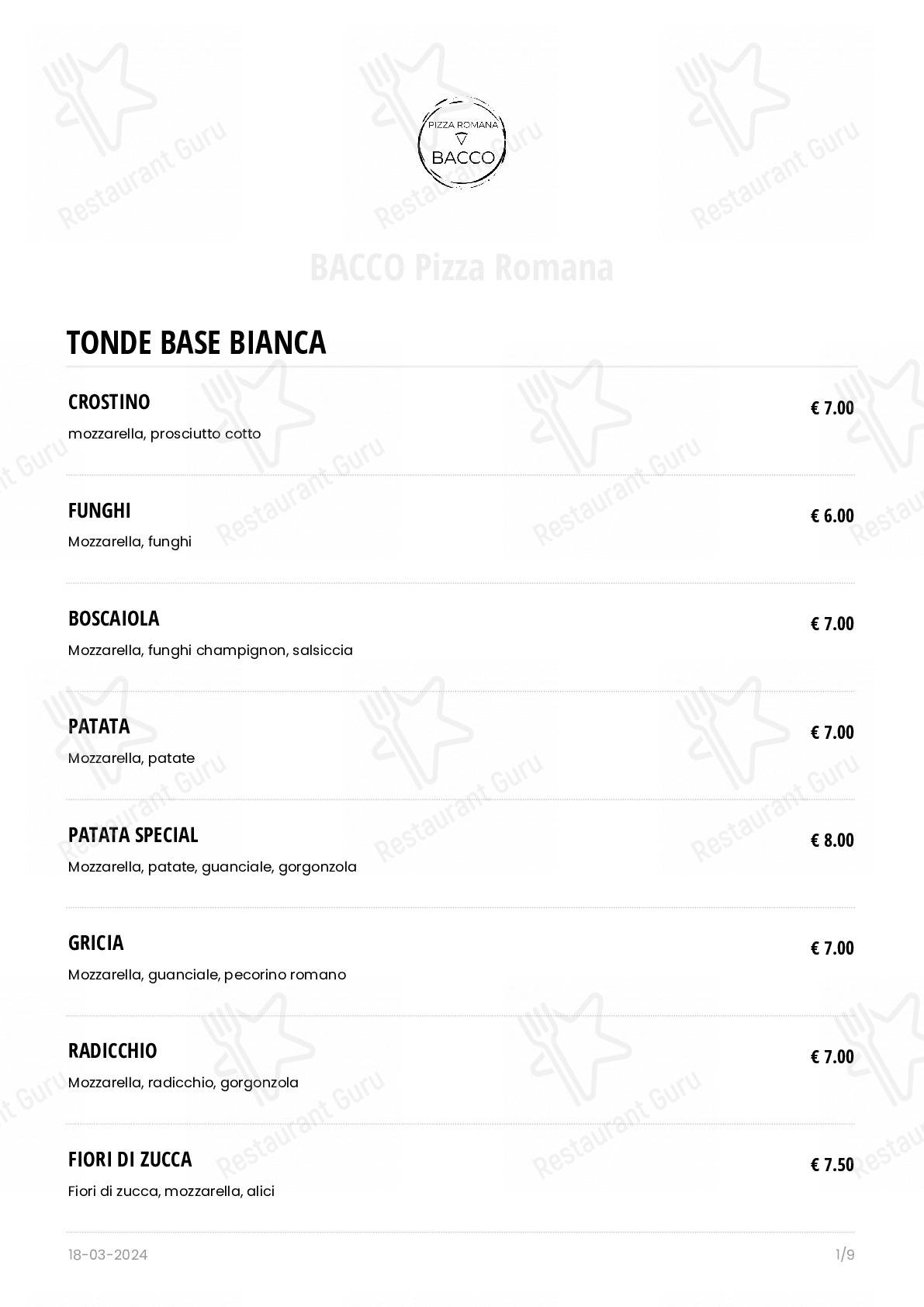 Menu di BACCO Pizza Romana - pasti e bevande