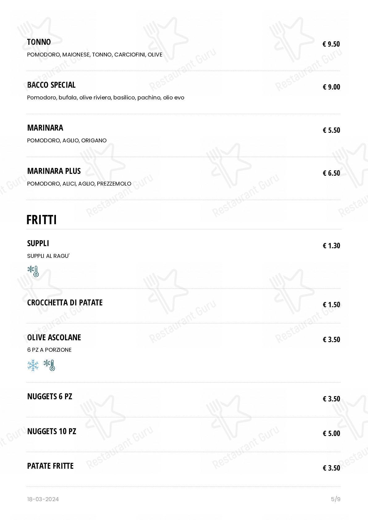 Menu di BACCO Pizza Romana - piatti e bevande
