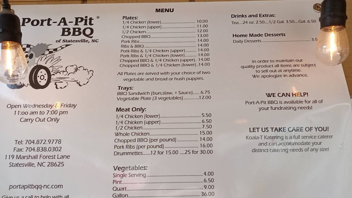Menu at PortaPit BBQ, Statesville