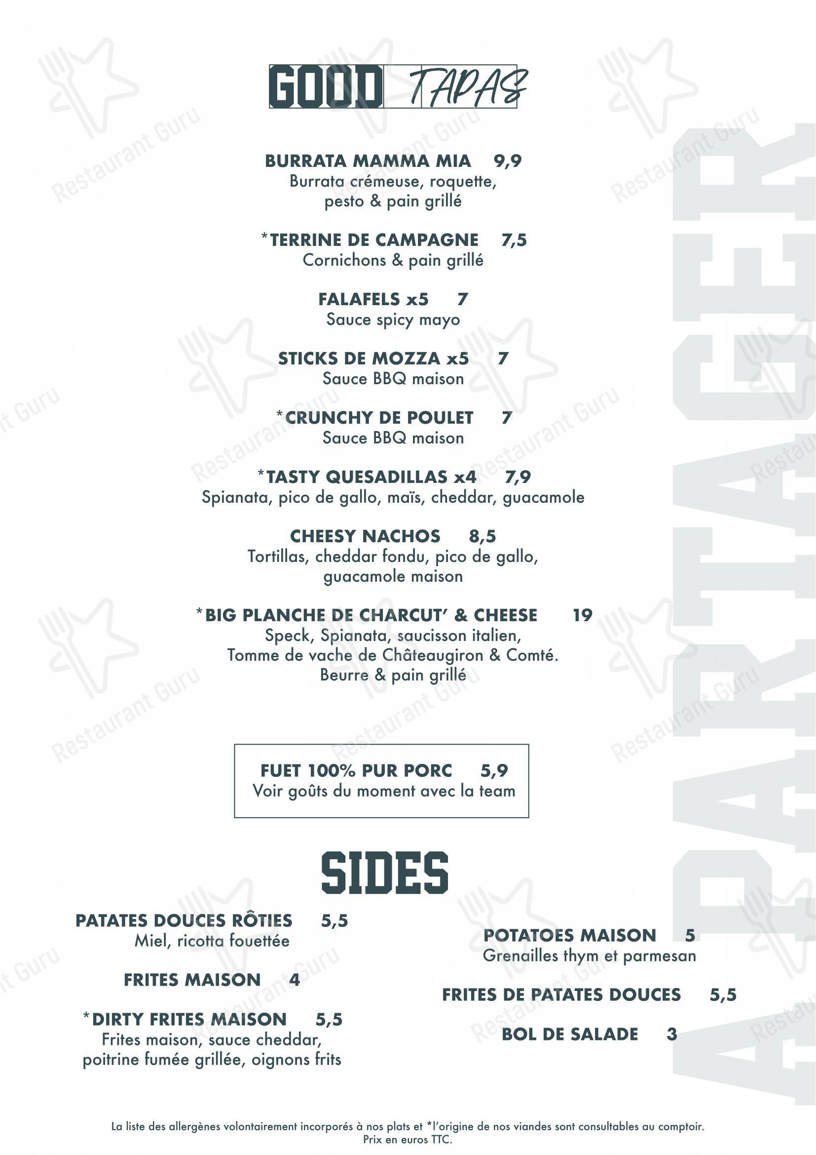 Menu pour BDS Restaurant Rennes - Основное меню
