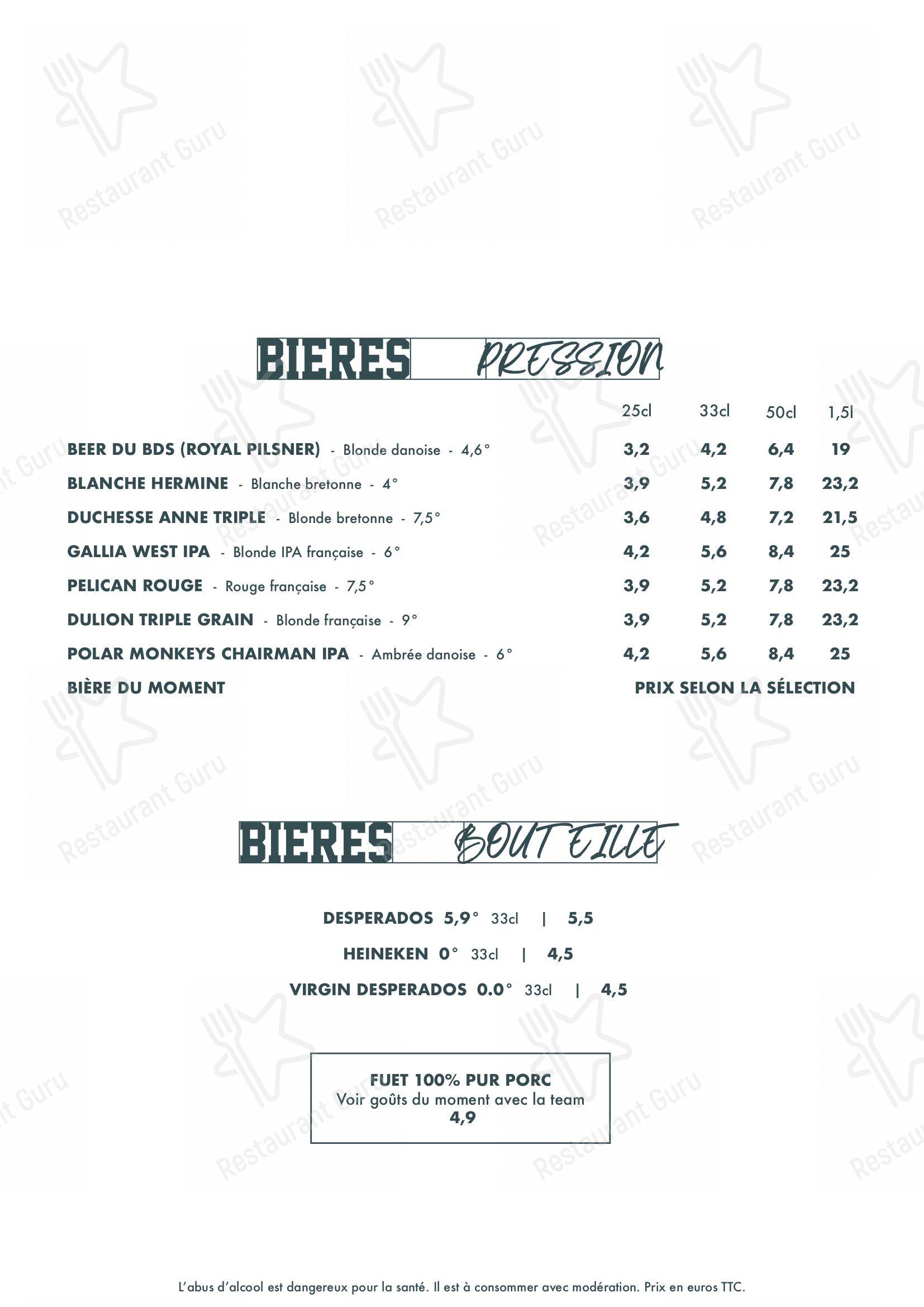 Menu pour BDS Restaurant Rennes - Крафт меню