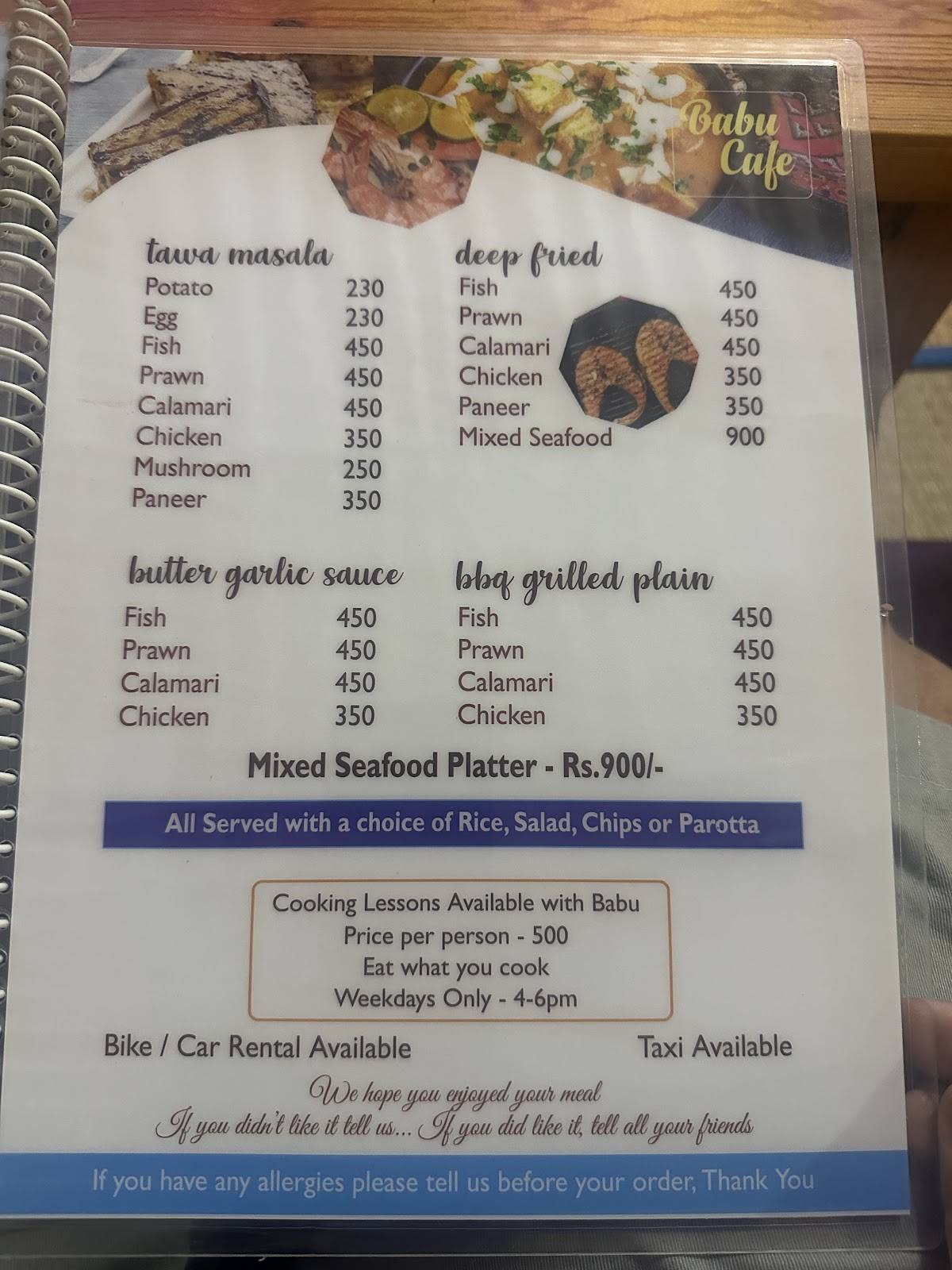Babu's Cafe menu