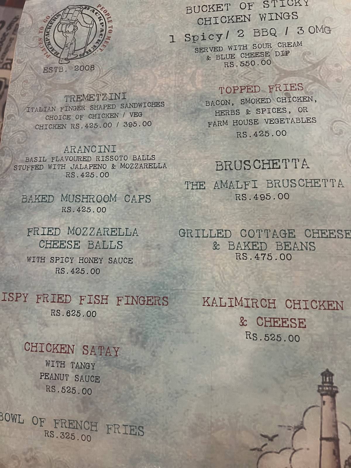 Backpackers Cafe menu