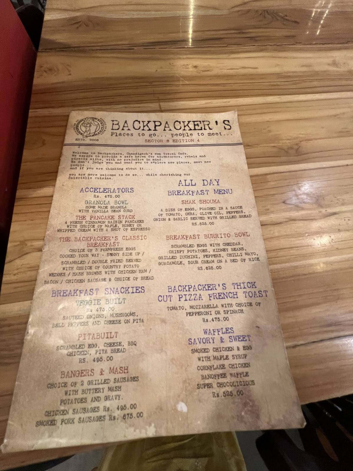 Backpackers Cafe menu