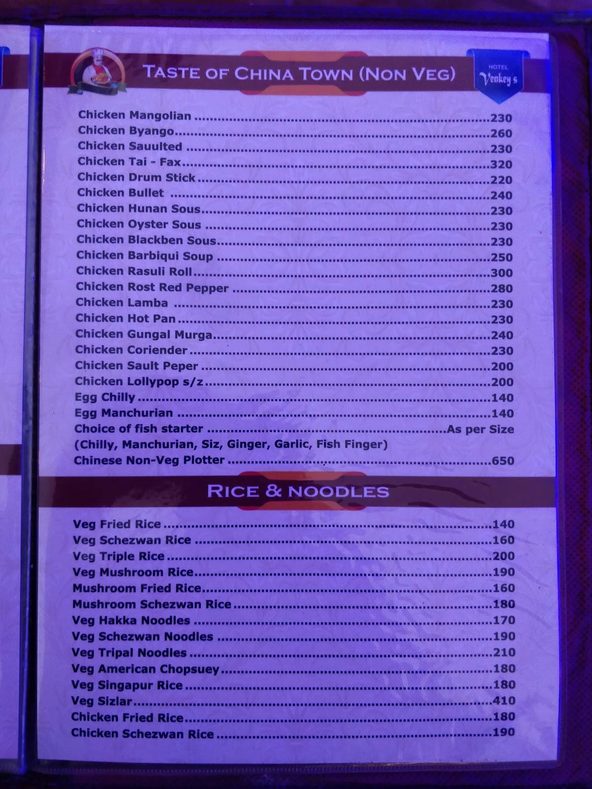 Venky's Family Restaurant And Bar menu