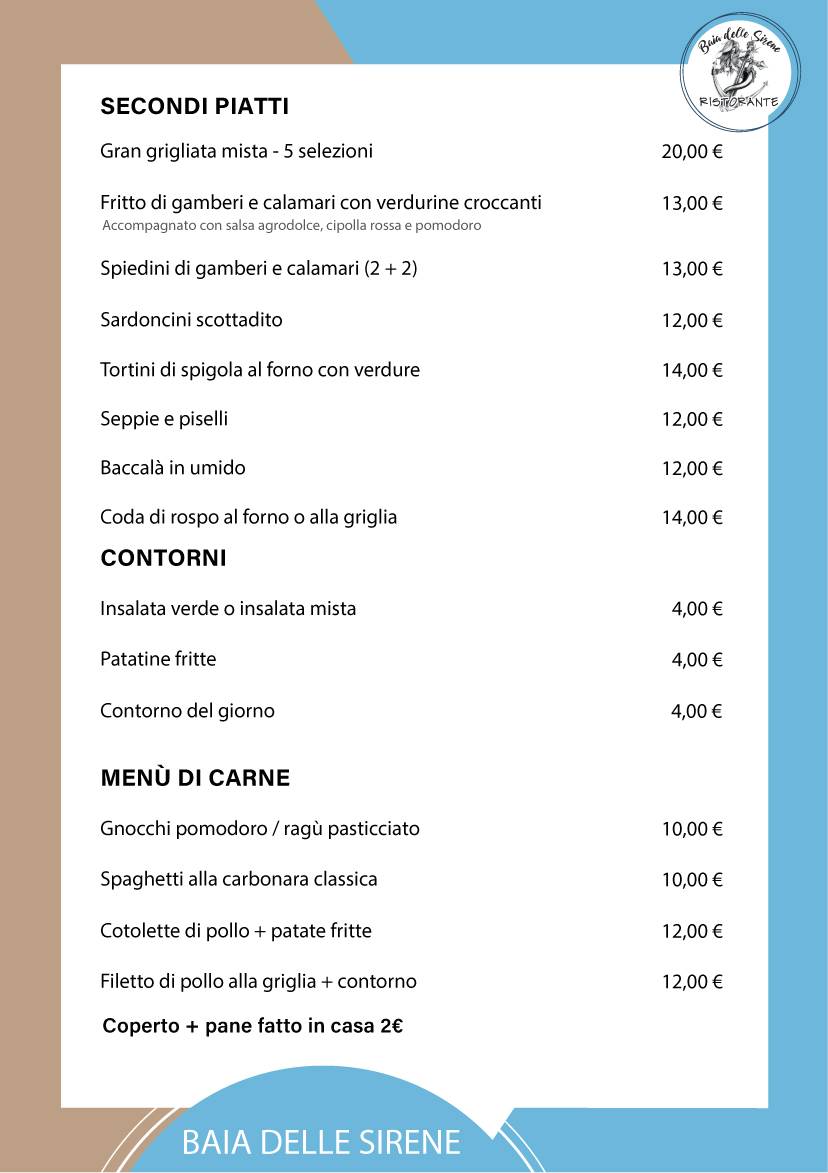 Menu di Baia delle Sirene Pesaro 
