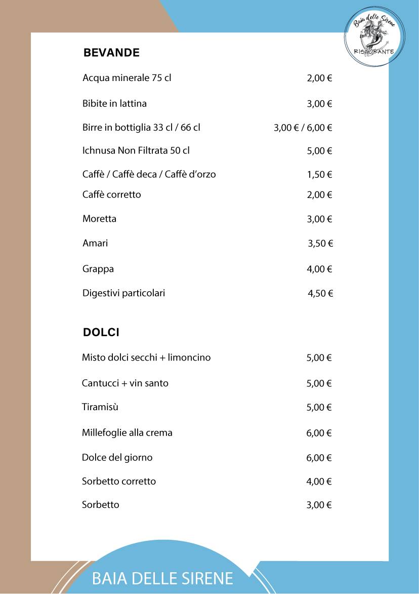 Menu di Baia delle Sirene Pesaro 