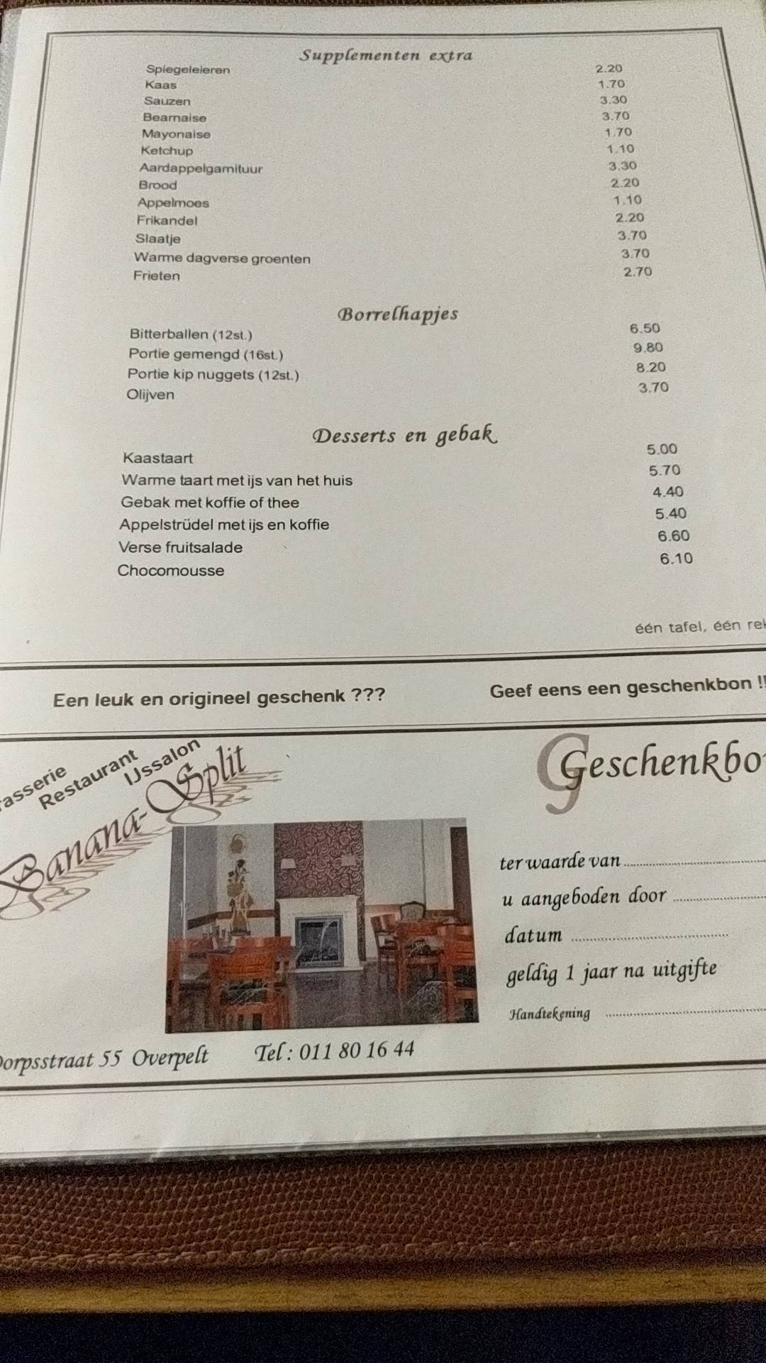 Menu de Banana Split