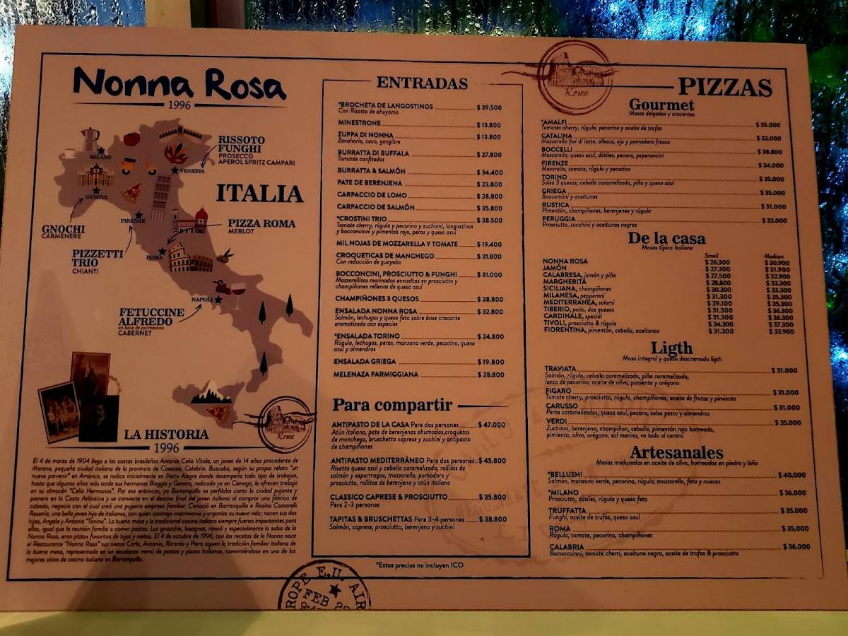 Carta del restaurante Nonna Rosa, Barranquilla