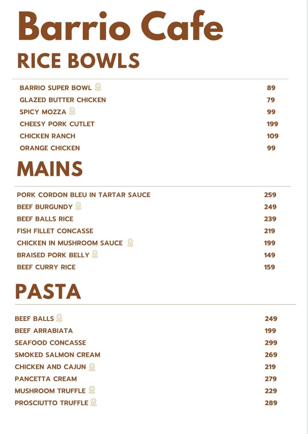 Menu at Barrio Café Calamba, Calamba