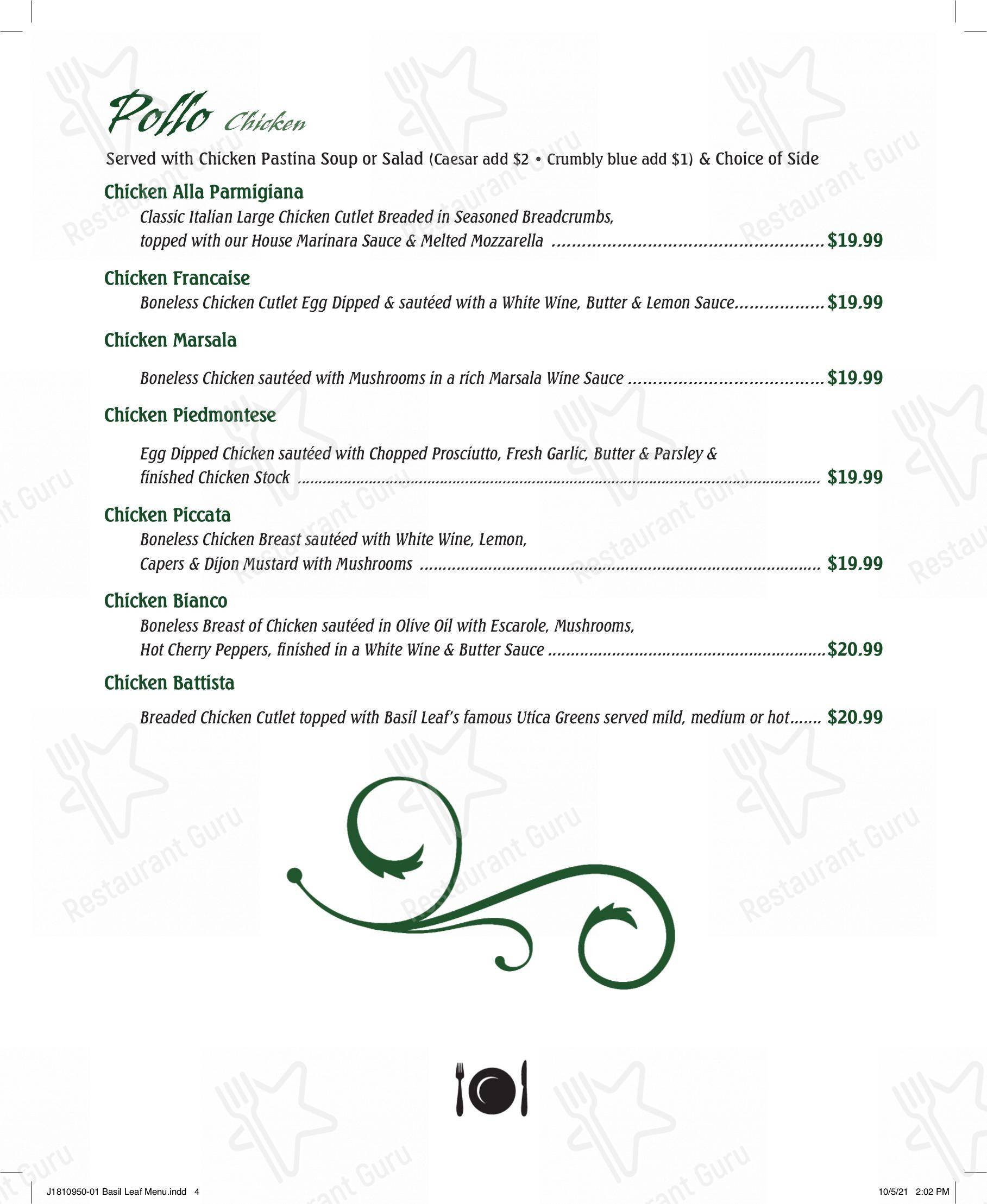 Menu at Basil Leaf restaurant, North Syracuse