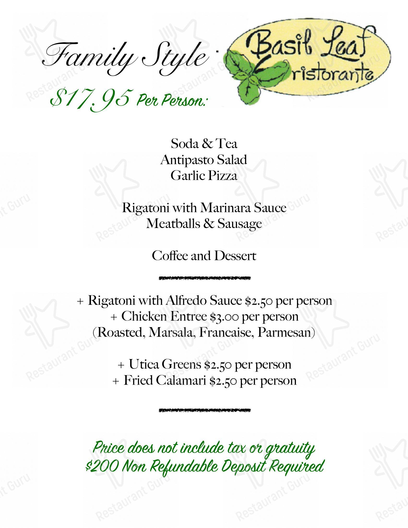 Menu at Basil Leaf restaurant, North Syracuse