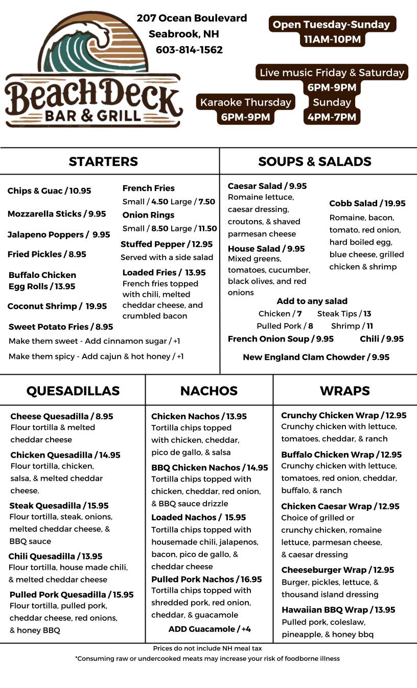 Menu at Beach Deck Bar & Grill, Seabrook, 207 Ocean Blvd