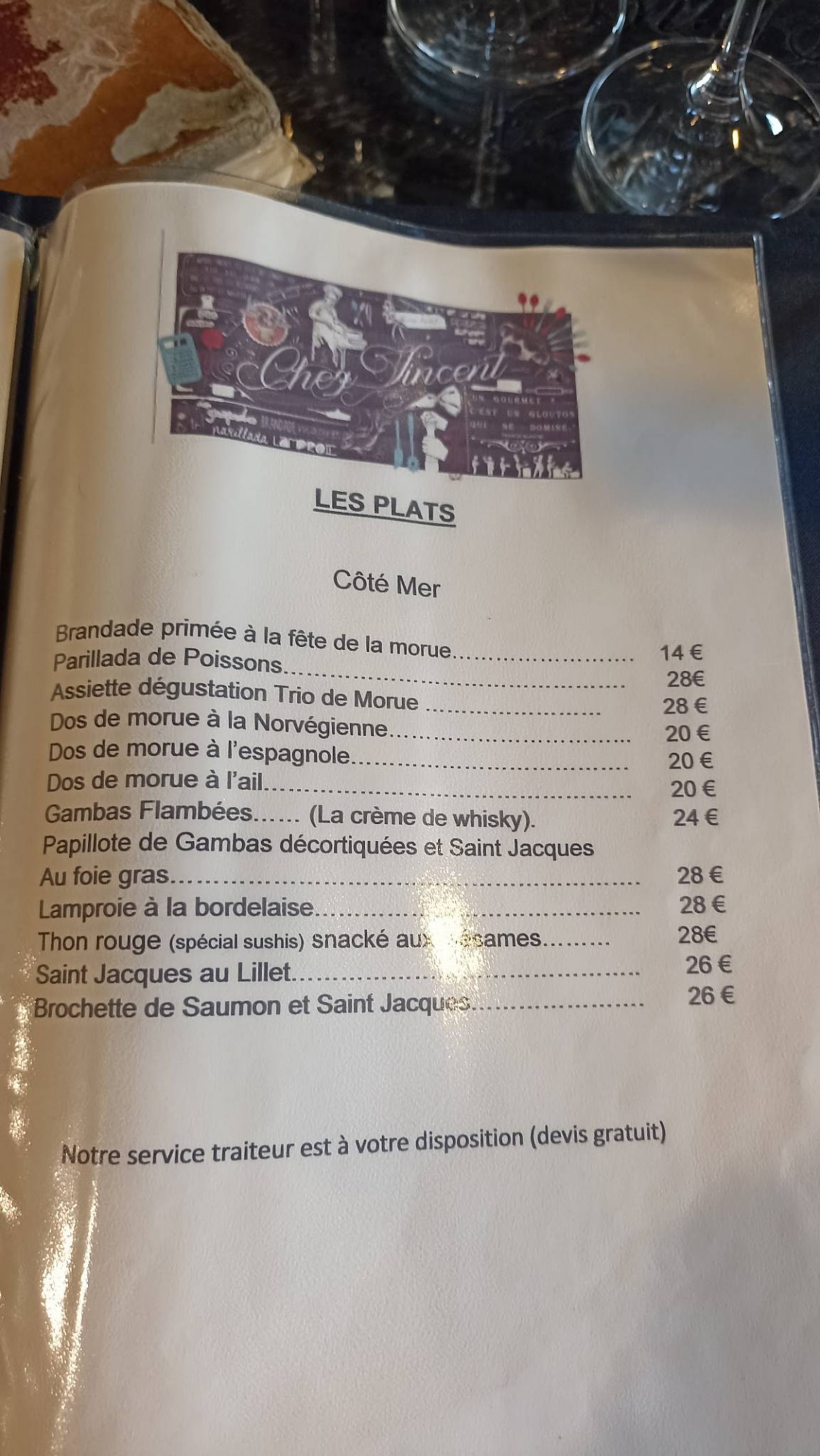 Menu de Restaurant Traiteur Chez Vincent Bègles