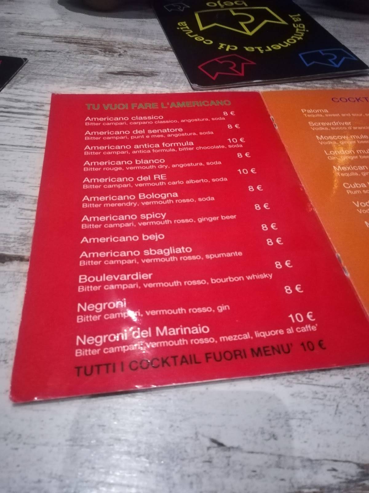 Menu di Bejo la gintoneria di cervia 
