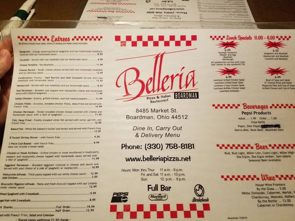 Menu at Belleria Boardman pizzeria, Boardman, Market St