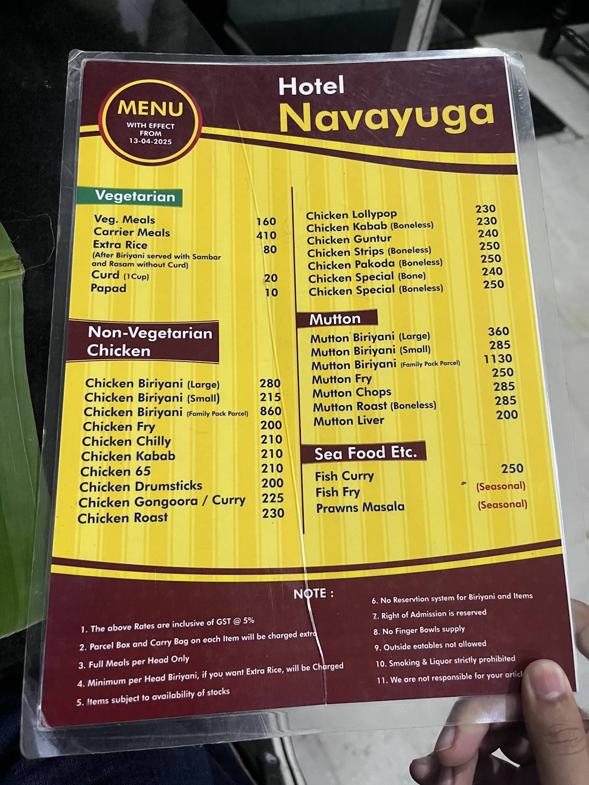 Hotel Navayuga menu
