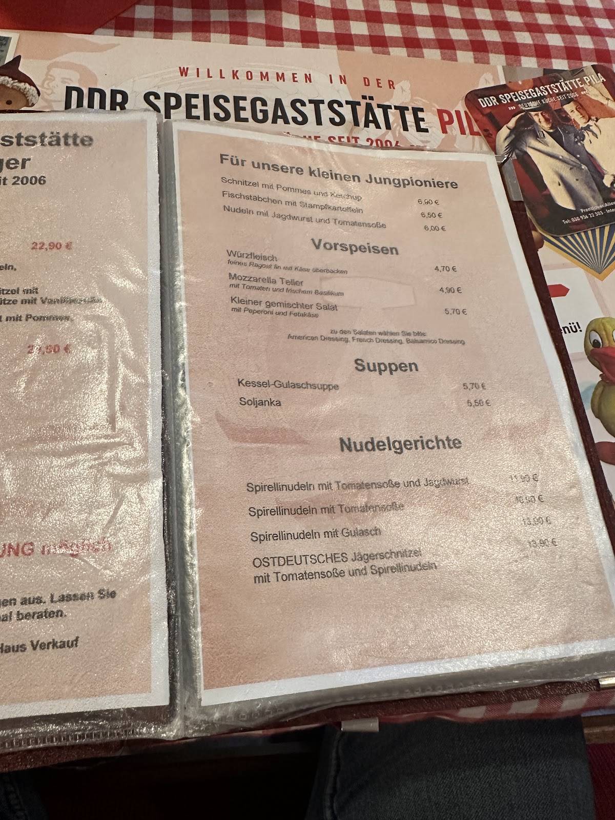 DDR Speisegaststätte Pionierlager Speisekarte