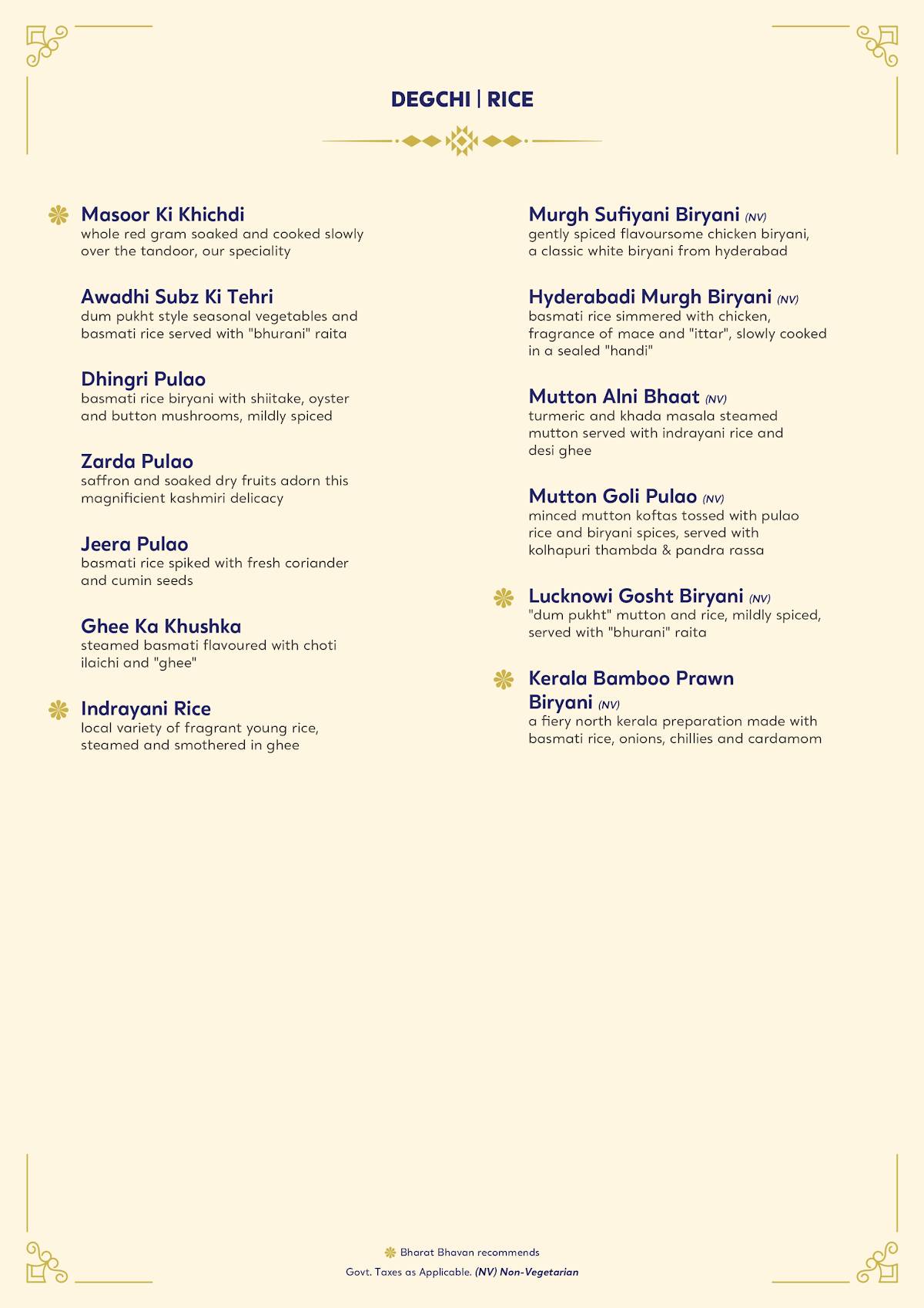 Bharat Bhavan menu