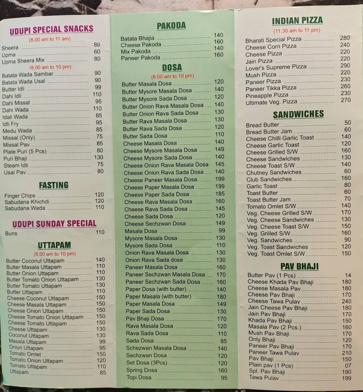 Bharati veg treat marol menu