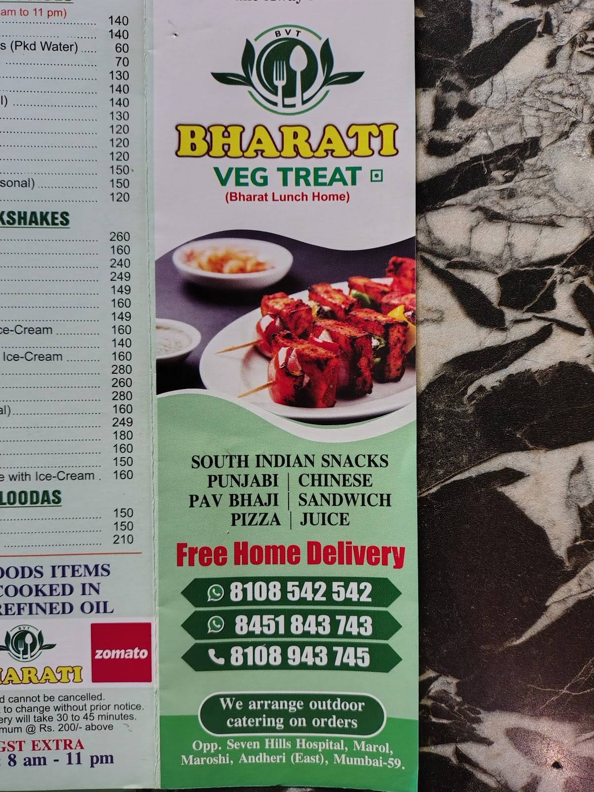 Bharati veg treat marol menu