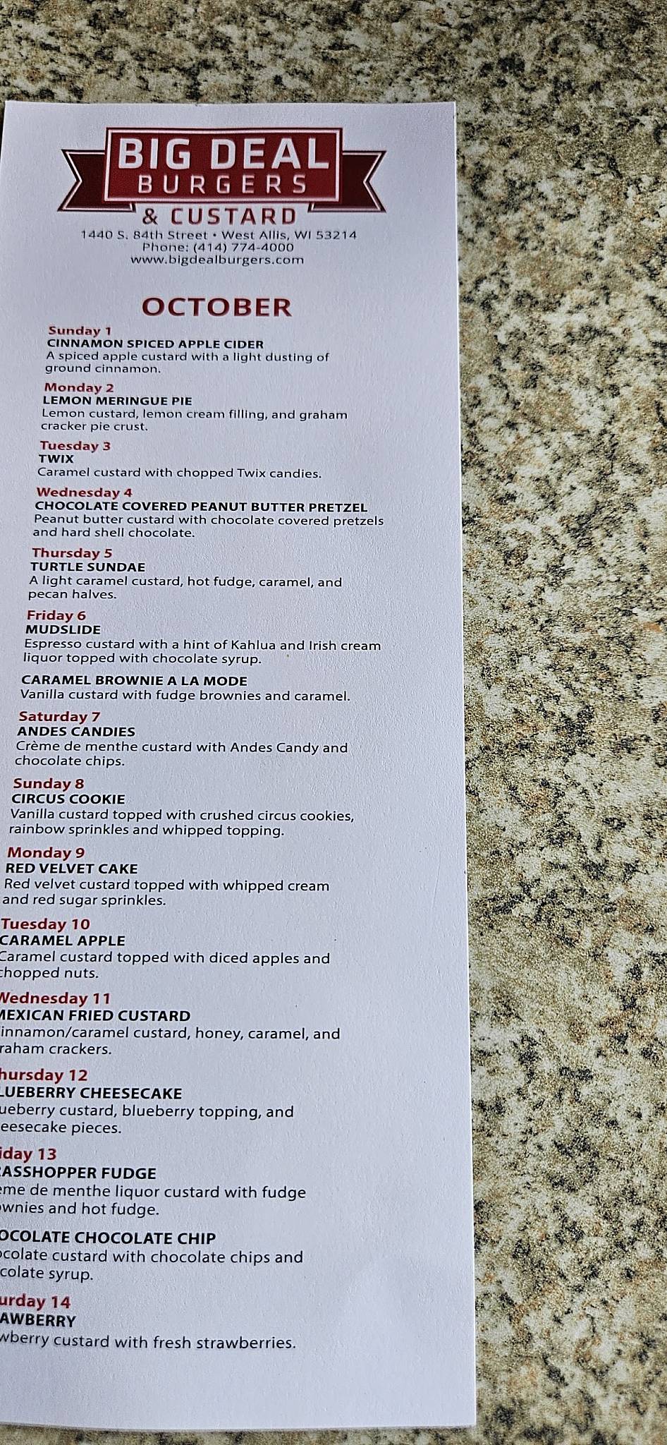 Menu at Big Deal Burgers & Custard restaurant, West Allis