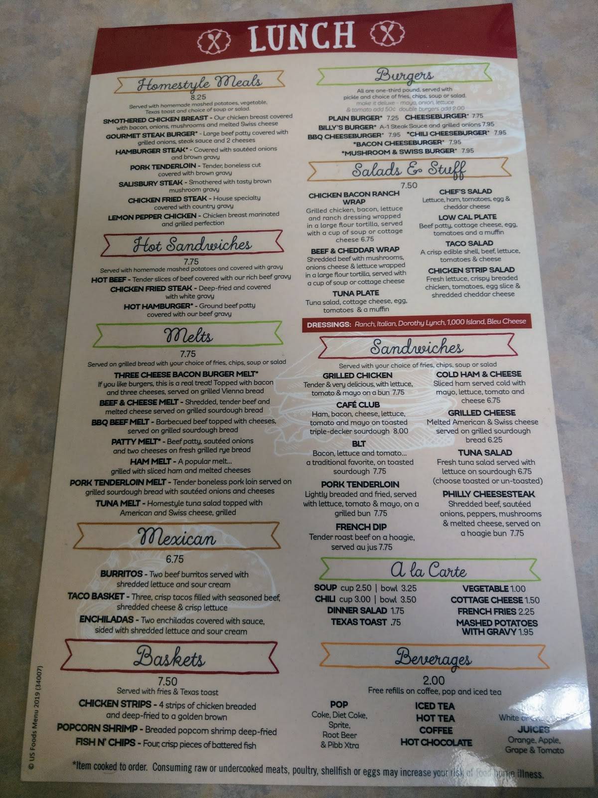 Menu at Billy's Cafe, Omaha, Blondo St