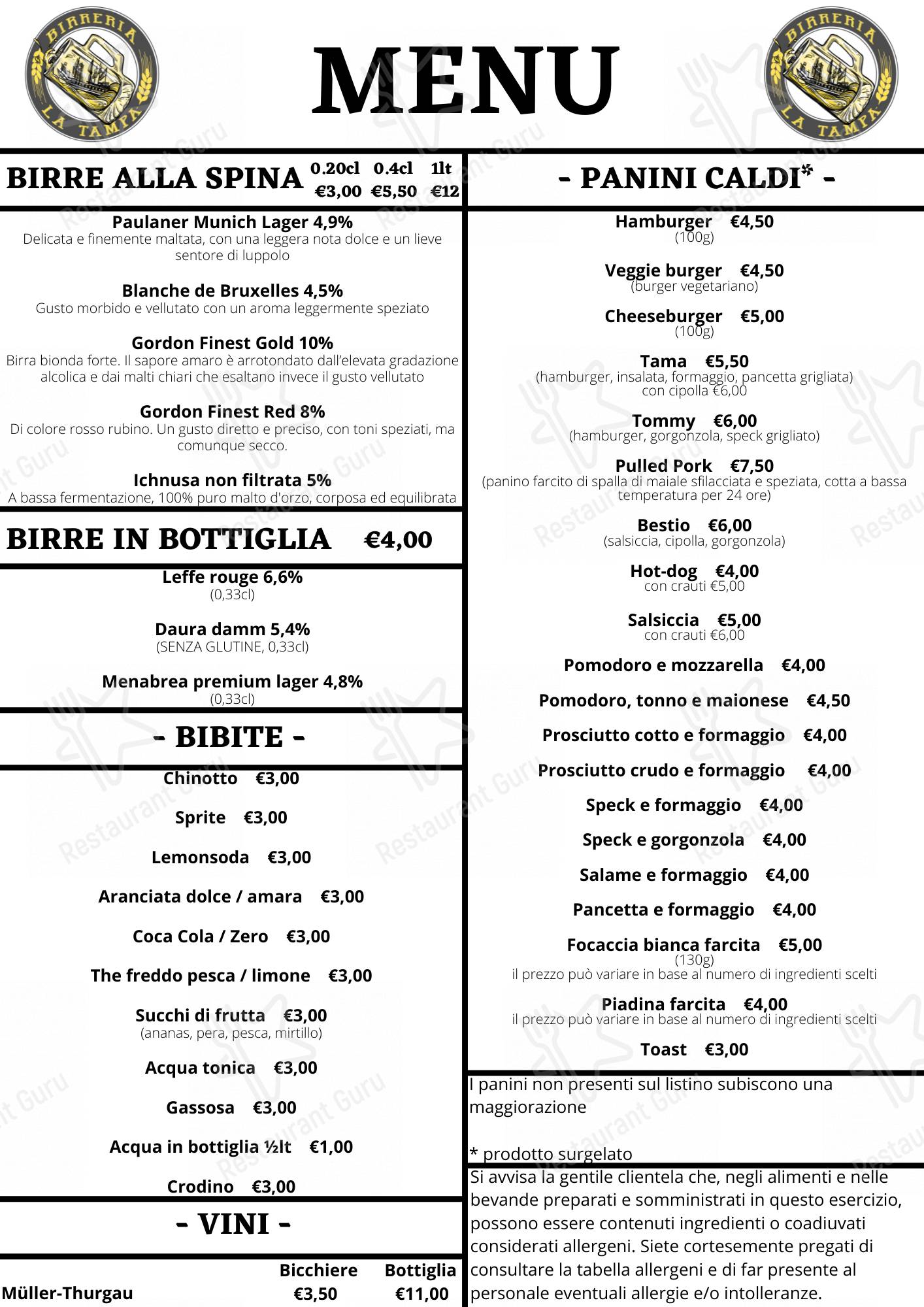 Menu di Birreria La Tampa 