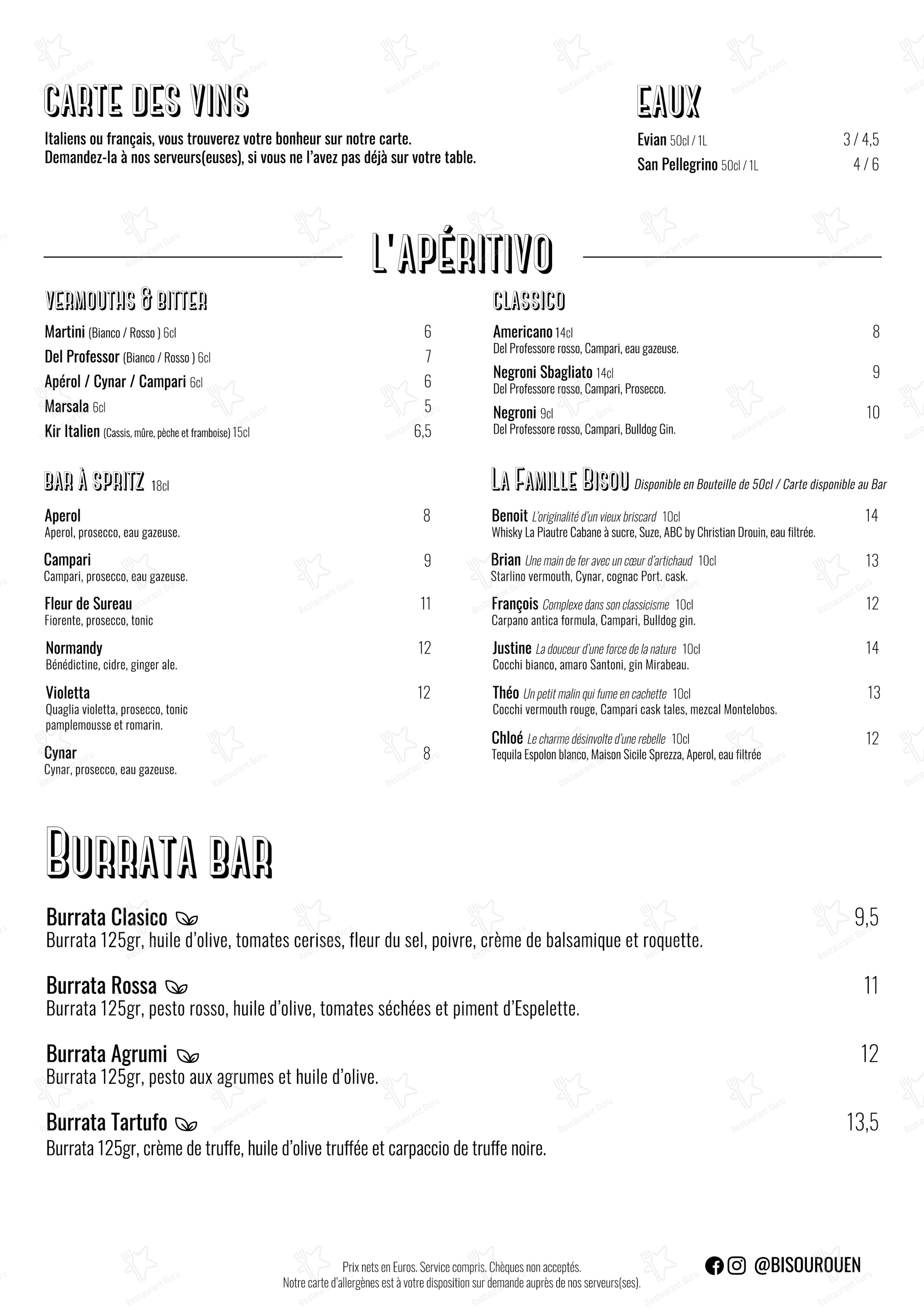 Menu bar pour Bisou restaurant