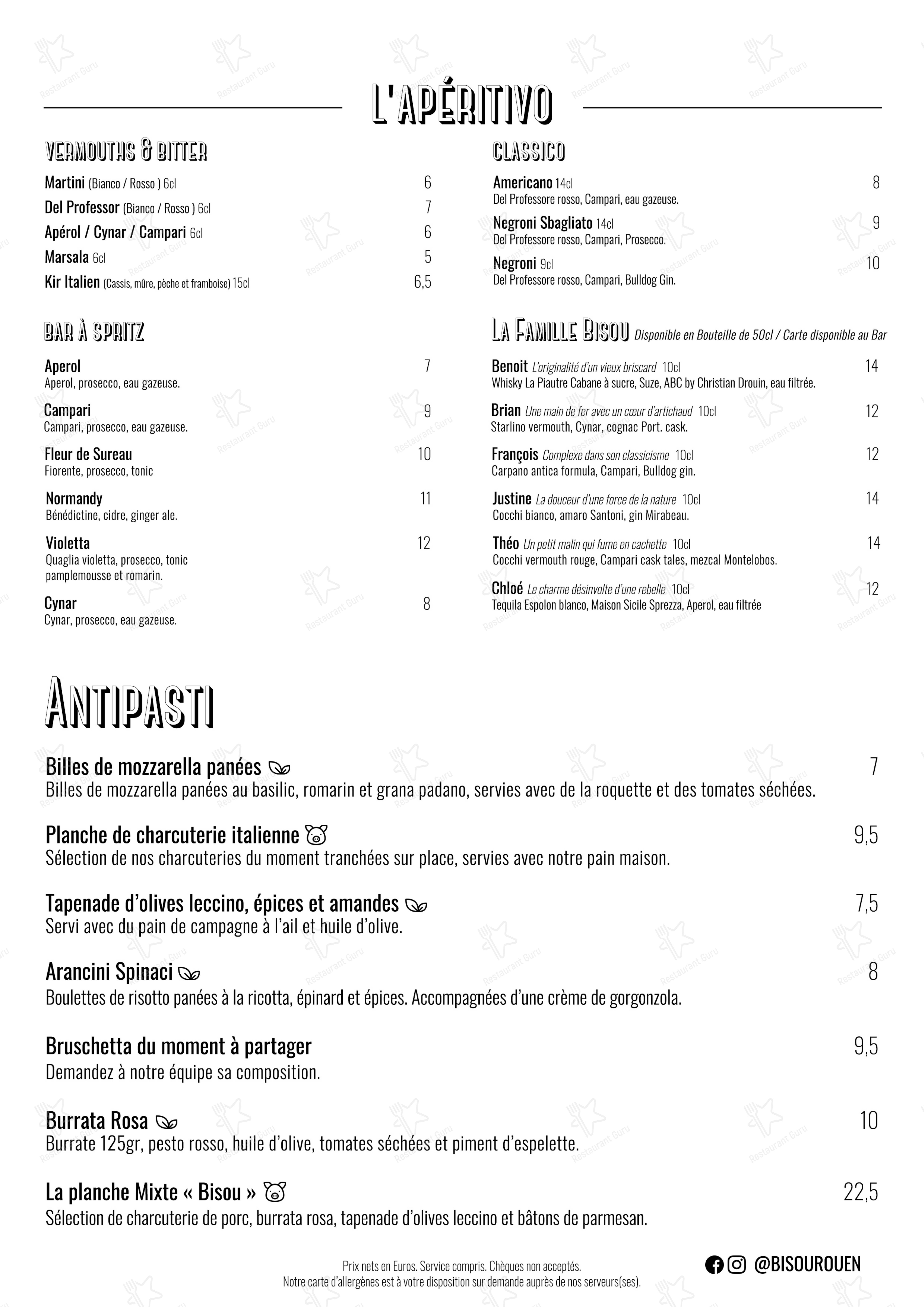 Menu pour Bisou restaurant